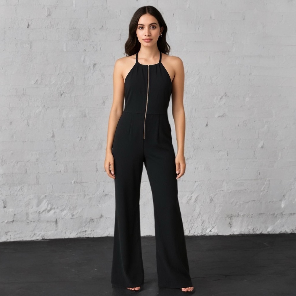 I HEART Black Rayon Halter Zip Romper Jumpsuit Pantsuit Wide Leg XS Chic Boho